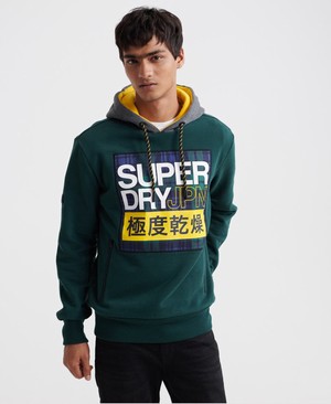 Superdry Crafted Check Contrast Férfi Kapucnis Pulóver MélyZöld | SYFBT7839